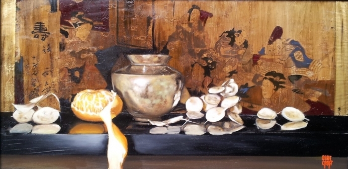 Dene Croft Gallery's Contemporary Oil Painting - Still Life in the Background of Ukiyoe