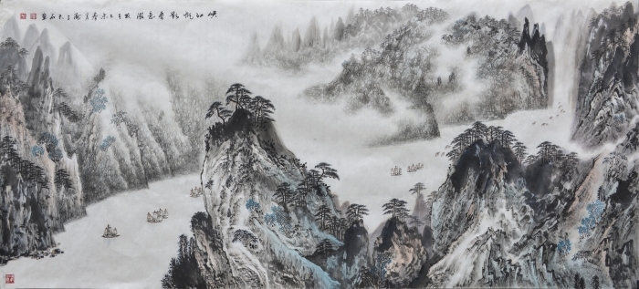 Liu Yuzhu's Contemporary Chinese Painting - Sailing Boats on River in Valleys