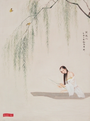 Contemporary Oil Painting - Two Orioles Sing amid the Green Willow