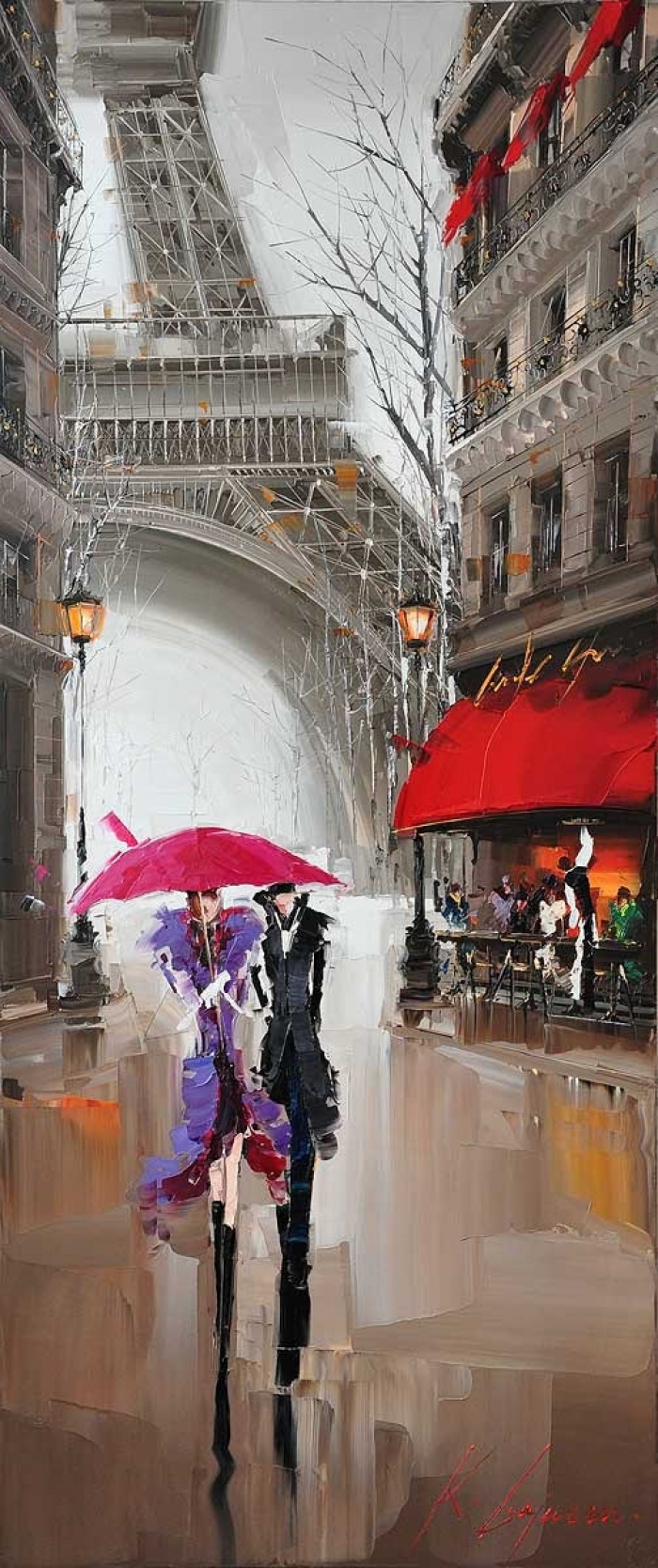 Kal Gajoum's Contemporary Oil Painting - couple under umbrella Effel Tower