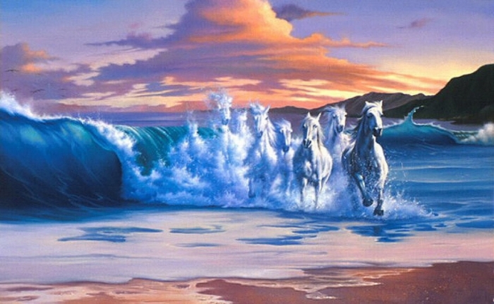 Jim Warren's Contemporary Oil Painting - Horses out of the wave  