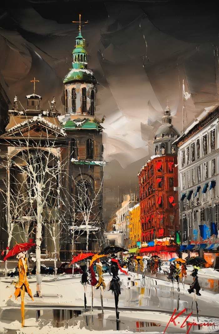 Kal Gajoum's Contemporary Oil Painting - Urban View By Knife   