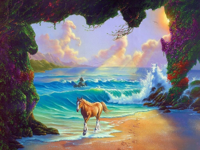 Jim Warren's Contemporary Oil Painting - horse by the waves 