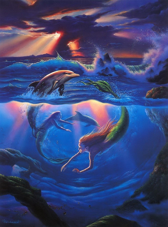 Jim Warren's Contemporary Oil Painting - mermaids and dolphins 