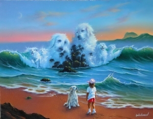 Contemporary Oil Painting - dogs in sea 