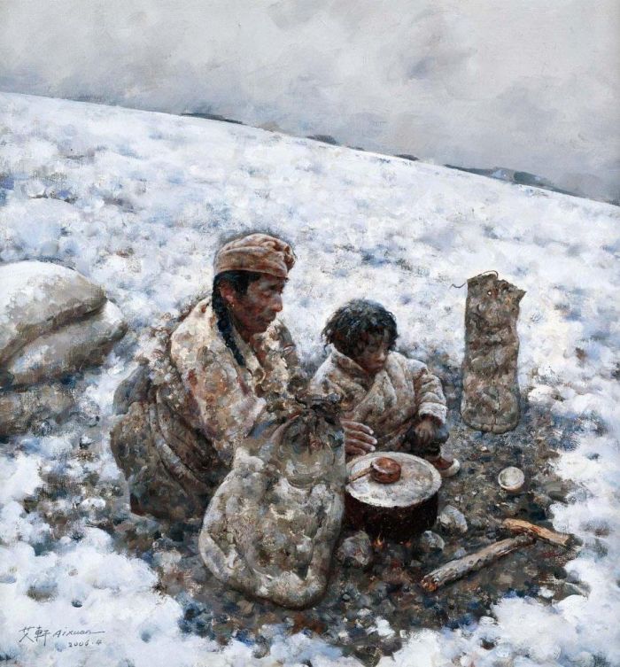 Ai Xuan's Contemporary Oil Painting - Cooking in Tundra