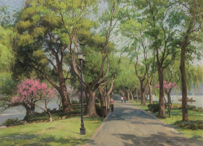 Bai Renhai's Contemporary Oil Painting - Dawn on The Su Causeway in Spring