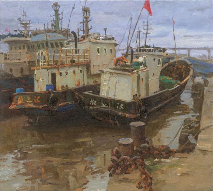 Bai Renhai's Contemporary Oil Painting - Haimen Fishing Port in Jiaojiang District