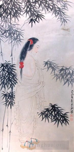 Contemporary Artwork by Chang Dai-chien - Beauty in red hair kerchief wooden shoes white robe bamboos 1980