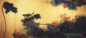 Contemporary Chinese Painting - Crimson lotuses on gold screen