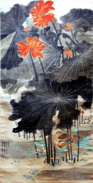 Contemporary Artwork by Chang Dai-chien - Lotus and mandarin ducks 1947