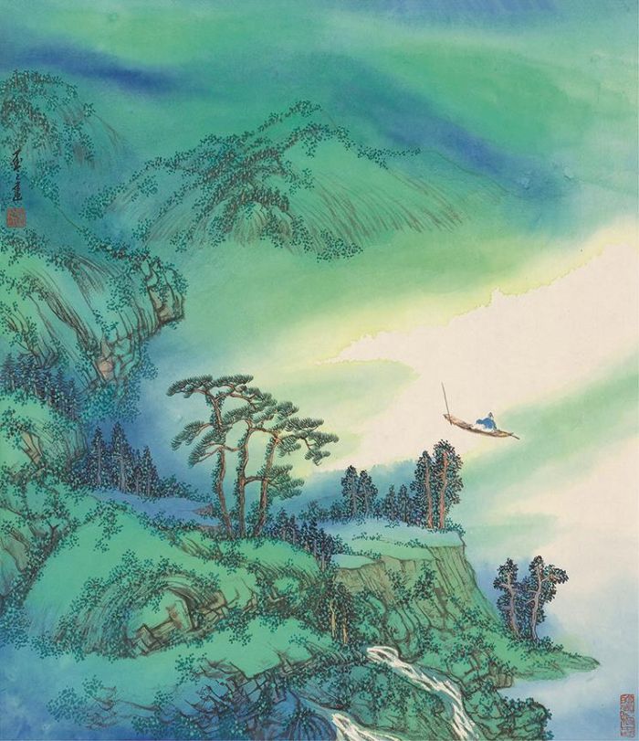 Chen Qiang's Contemporary Chinese Painting - Waiting For The Boat on A Mountain Area in Spring