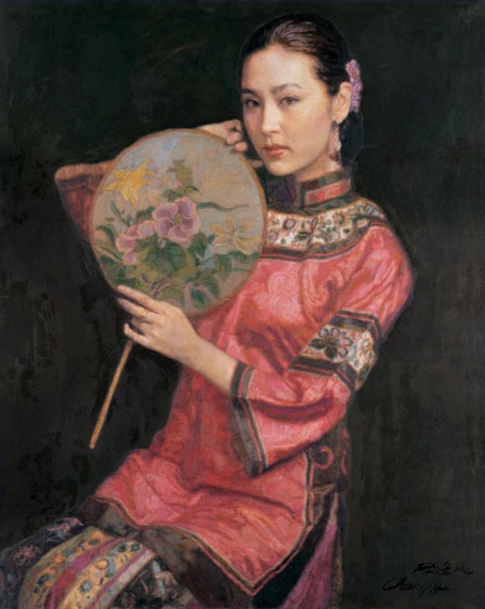 Chen Yifei's Contemporary Oil Painting - Beauty with Fan