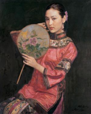 Contemporary Artwork by Chen Yifei - Beauty with Fan