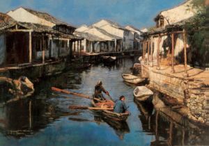Contemporary Artwork by Chen Yifei - Dip Oars of Hometown
