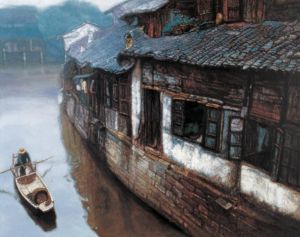 Contemporary Artwork by Chen Yifei - Families at River Village