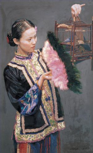 Contemporary Artwork by Chen Yifei - Girl Lifting Cage