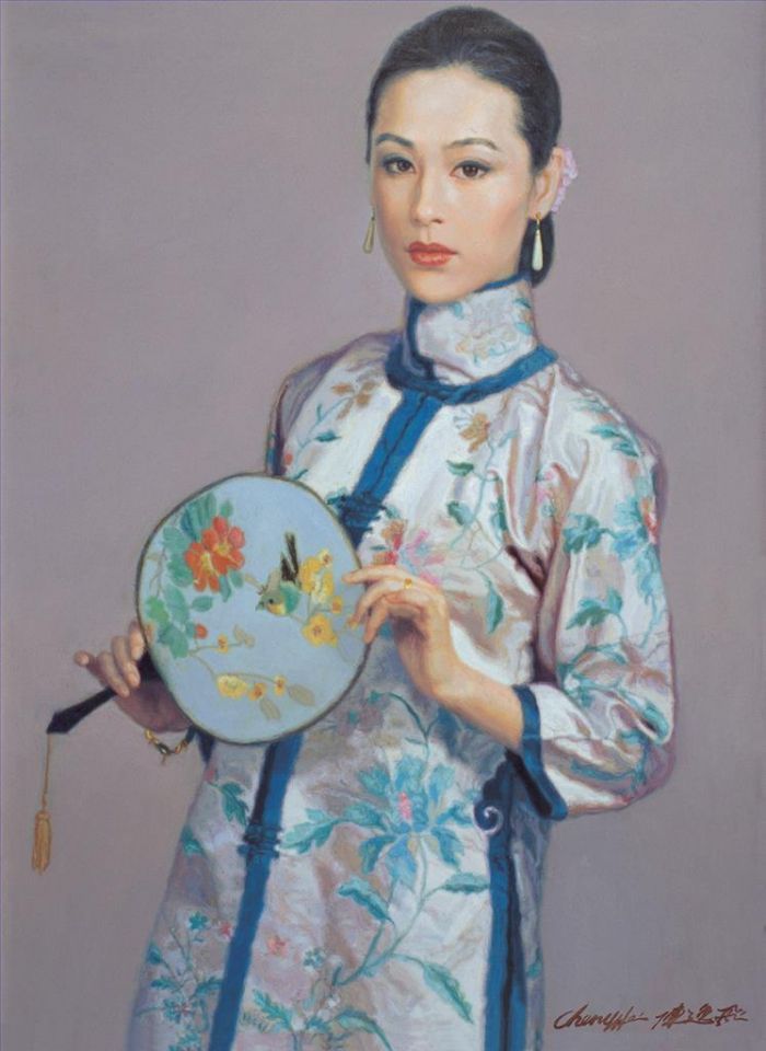 Chen Yifei's Contemporary Oil Painting - Girl with Fan