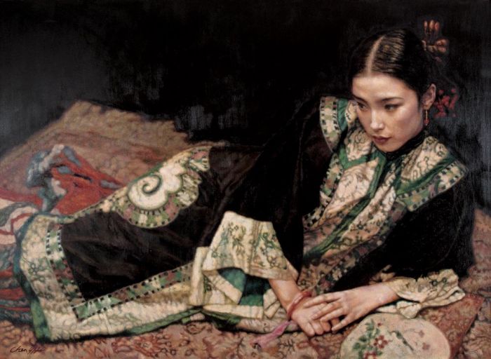Chen Yifei's Contemporary Oil Painting - Lady on Carpet