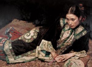 Contemporary Artwork by Chen Yifei - Lady on Carpet
