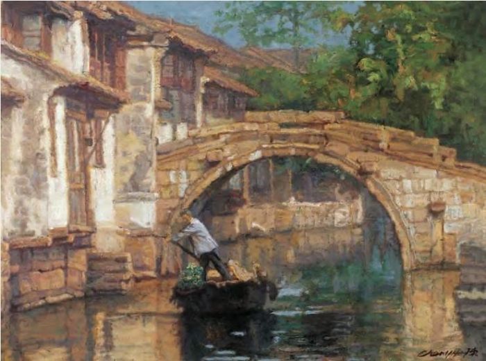 Chen Yifei's Contemporary Oil Painting - Love of Zhouzhuang Ancient Town
