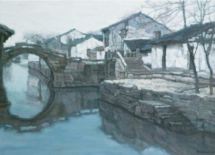 Chen Yifei's Contemporary Oil Painting - Memory of Hometown Twinbridge