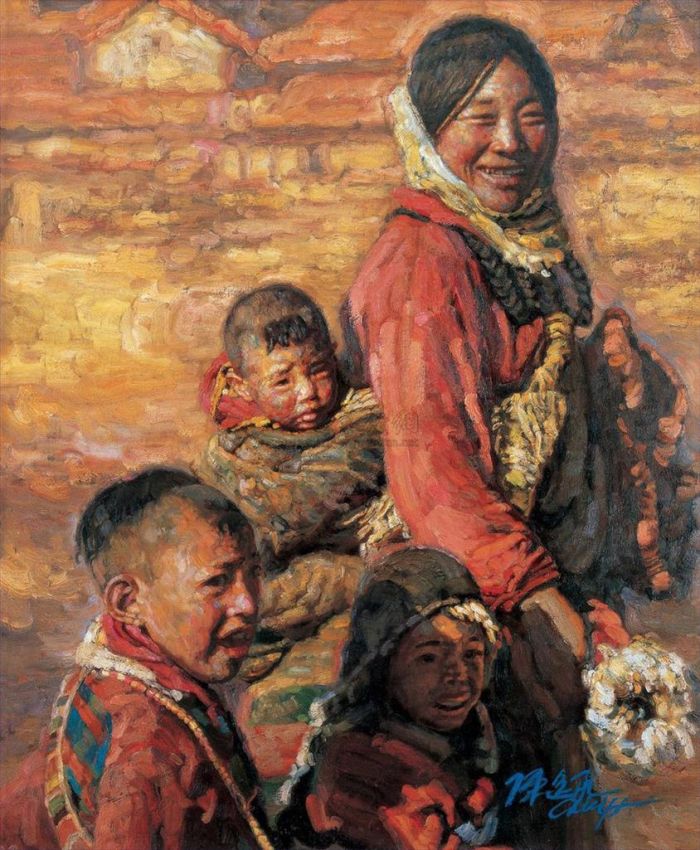 Chen Yifei's Contemporary Oil Painting - Mother and Children 2