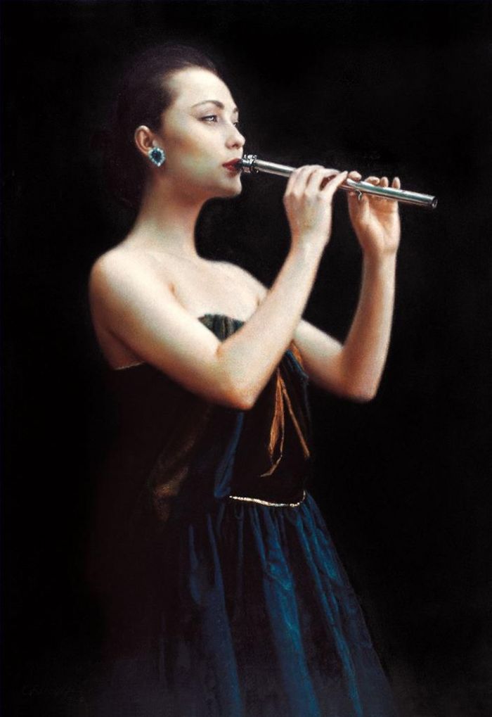 Chen Yifei's Contemporary Oil Painting - Night Flute