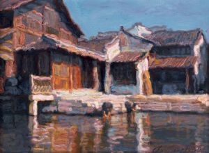 Contemporary Oil Painting - River Village Pier