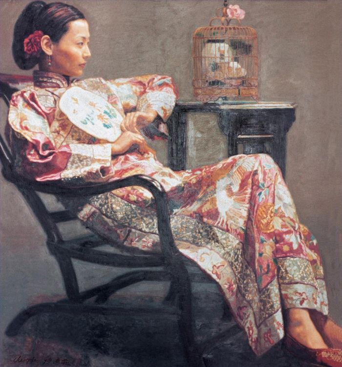 Chen Yifei's Contemporary Oil Painting - Rose and Birds Girl Named Juanjuan