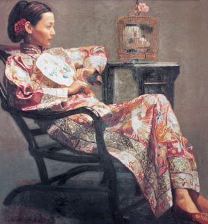 Contemporary Artwork by Chen Yifei - Rose and Birds Girl Named Juanjuan