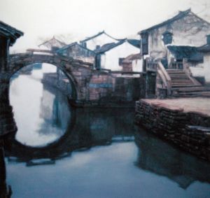 Contemporary Artwork by Chen Yifei - Scenery of Jiangnan Watertown