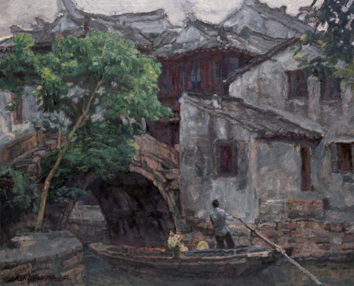 Chen Yifei's Contemporary Oil Painting - Southern Chinese Riverside Town 2002