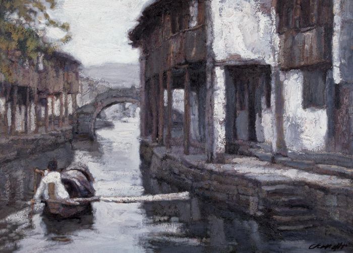 Chen Yifei's Contemporary Oil Painting - Southern Chinese Riverside Town