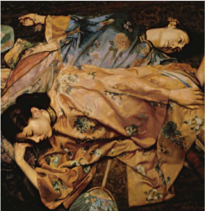 Chen Yifei's Contemporary Oil Painting - Two Beauties with Fans