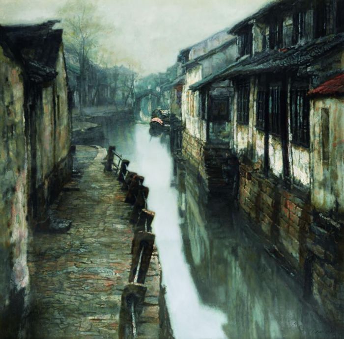 Chen Yifei's Contemporary Oil Painting - Water Street in Ancient Town
