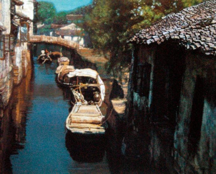 Chen Yifei's Contemporary Oil Painting - Water Towns Berthing