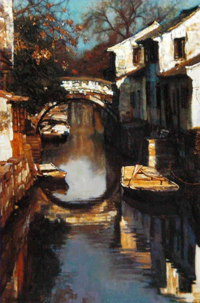 Chen Yifei's Contemporary Oil Painting - Water Towns Bridge People