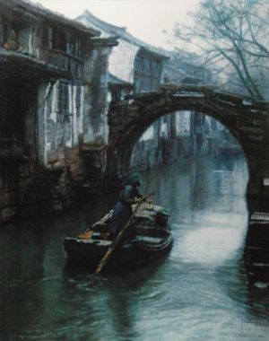 Contemporary Oil Painting - Water Towns Oars