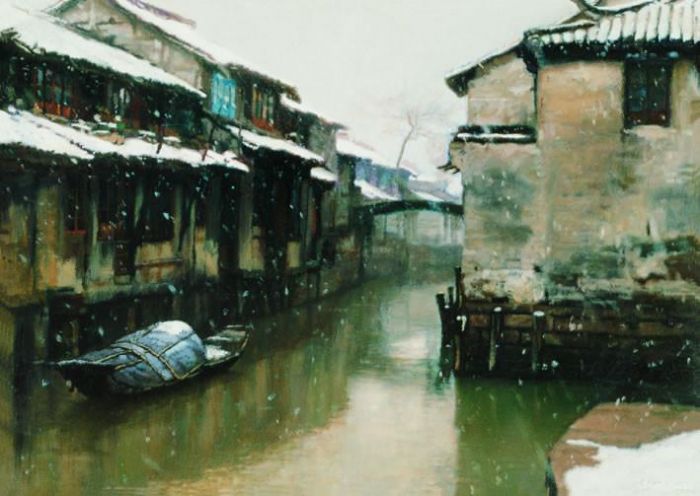 Chen Yifei's Contemporary Oil Painting - Water Towns Snowing Days