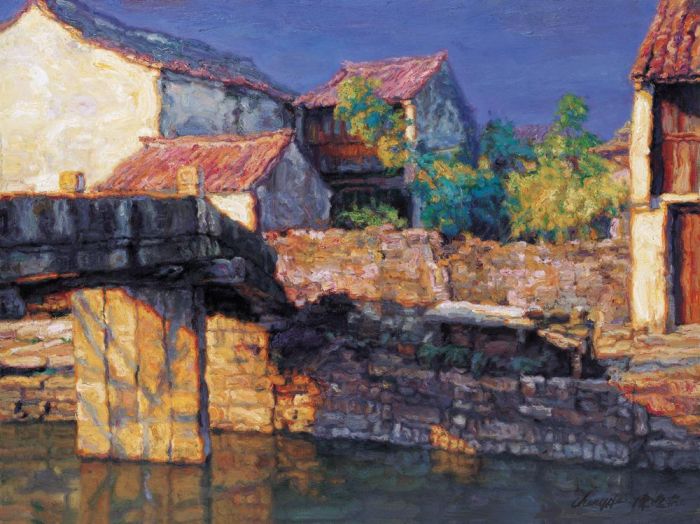 Chen Yifei's Contemporary Oil Painting - Water towns 1997