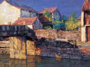 Contemporary Artwork by Chen Yifei - Water towns 1997