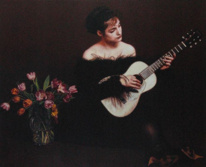 Chen Yifei's Contemporary Oil Painting - Woman Playing Guitar