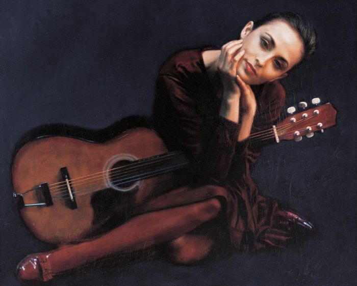 Chen Yifei's Contemporary Oil Painting - Woman With Guitar