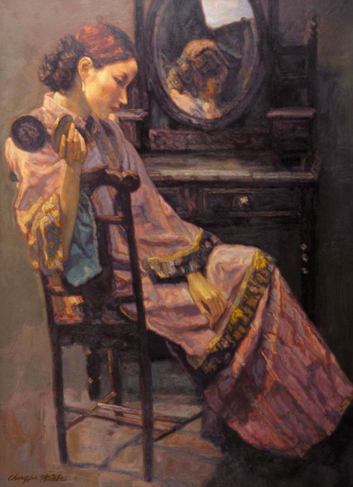 Chen Yifei's Contemporary Oil Painting - Woman by Dresser
