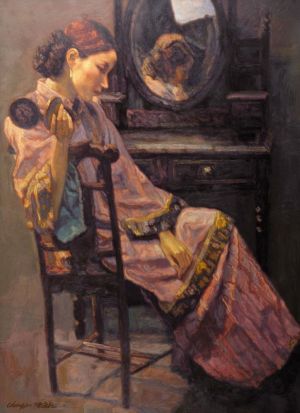Contemporary Oil Painting - Woman by Dresser