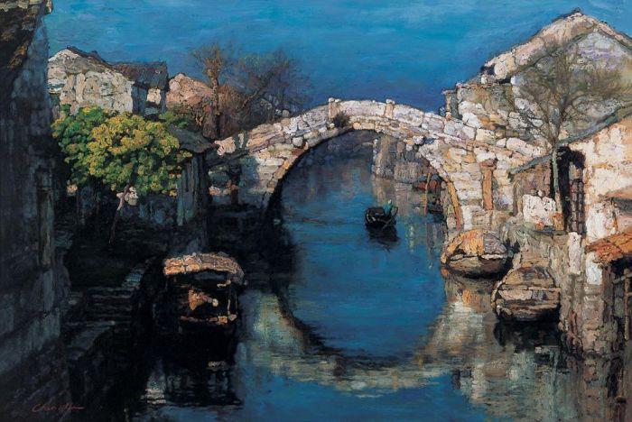 Chen Yifei's Contemporary Oil Painting - Zhouzhuang River Village