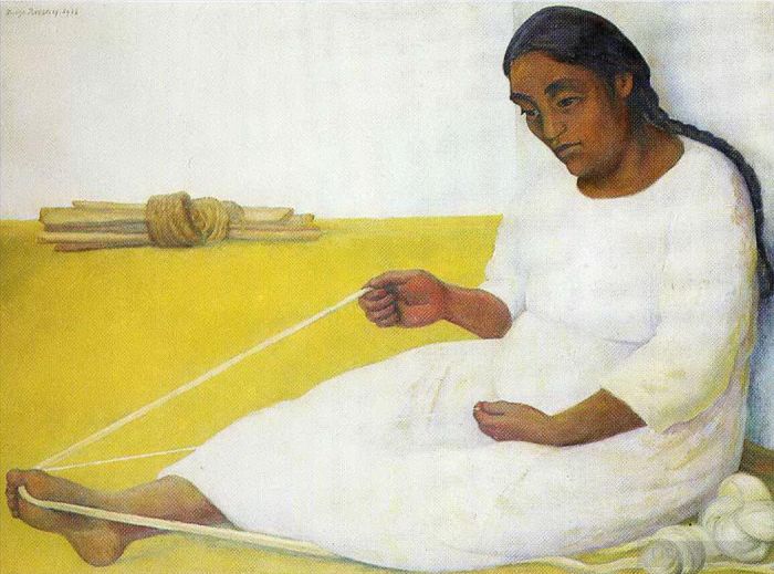 Diego Rivera's Contemporary Oil Painting - Indian Spinning