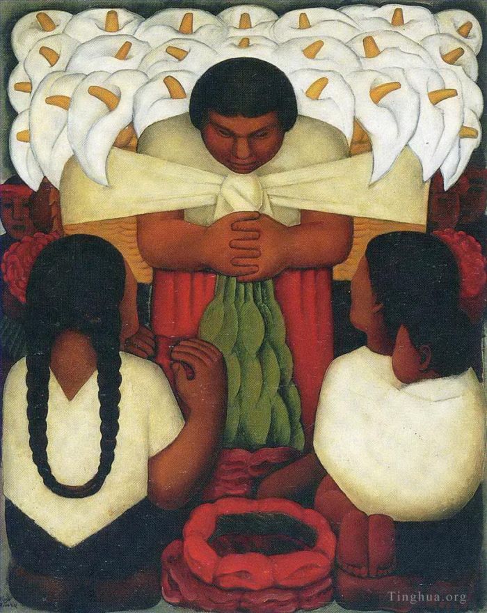 Diego Rivera's Contemporary Oil Painting - Flower festival 1925