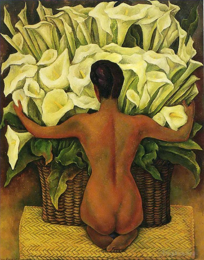 Diego Rivera's Contemporary Oil Painting - Nude with calla lilies 1944